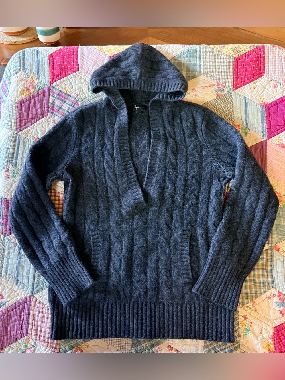 Aqua Cashmere Hoodie Cable Knit Sweater — 100% Cashmere, Size L